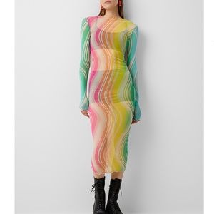 Black Bead rainbow swirl pattern mesh long sleeves maxi dress made in USA